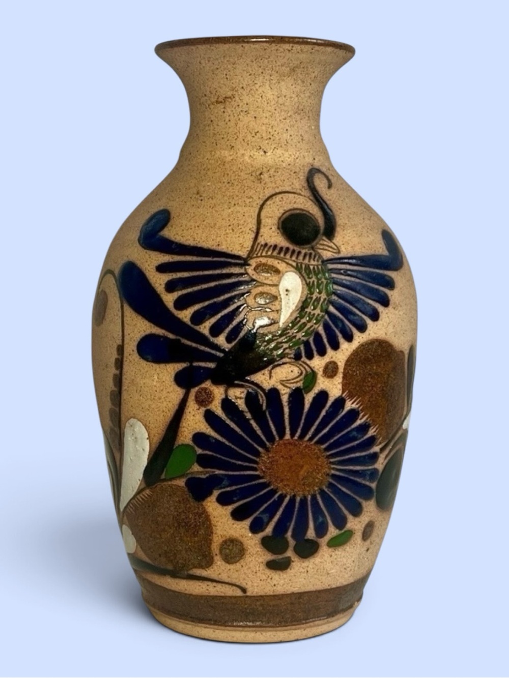 Mexican Sandstone Vase Tonala Folk Art‎ Hand Painted Bird Floral VTG Signed